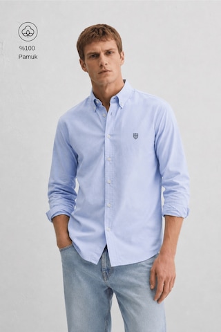 UCLA Tyson Mavi Nakışlı %100 Pamuk Poplin Standard Fit Erkek Gömlek
