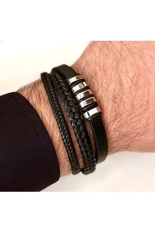 Gns Aksesuar Mixli Trend 3lü Model Siyah Erkek Bileklik 21 Cm Siyah