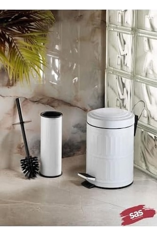 Haus Pedallı Çöp Kovası Tuvalet Wc Fırçası Çöp Kovası 2'li Seti 5 Litre Beyaz Siyah