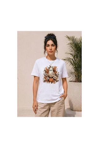 Butik İstanbul Balkabağı Hayalet Baskılı Tişört Kısa Kol Yazlık T-shirt - Beyaz