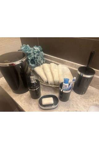 Makri Home Banyo Seti 5'li, Yuvarlak, Akrilik-çöp Kovası, Wc Fırçalık, Sıvı Sabunluk, Diş Fırçalık, El Sabunluk Siyah