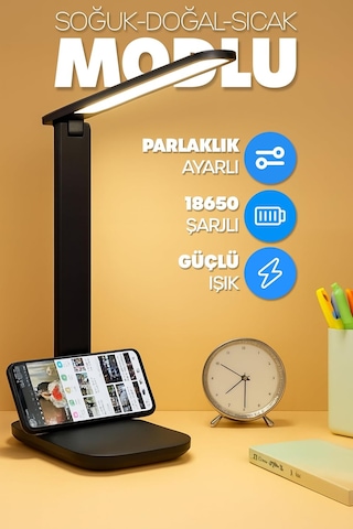 Şarjlı Masa Lambası 3 Renk Dokunmatik Telefon Standlı Kademeli Çalışma Okuma Işığı Lambası 9w Siyah Çok Renkli