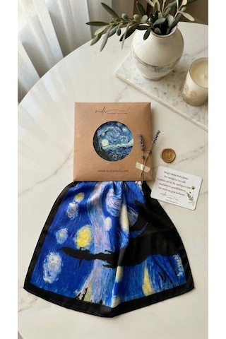 Moda Nuda Van Gogh Yıldızlı Gece İpek Fular Mavi - %100 Bursa İpeği