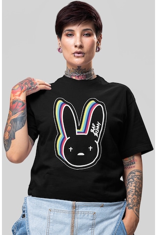 Sevbano Bad Bunny Rapper Şarkıcı Baskılı Unisex Oversize Tişört Siyah