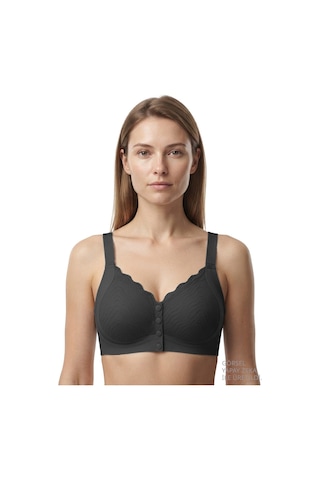 Cottonill Seamless Bra - Larevia Siyah Lazer Kesim Önden Düğmeli Tül Detaylı Kadın Sütyen