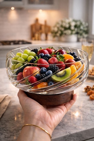 Morponi Borosilikat Camlüks Akasya Kapaklı Ve Akasya Ayaklı Cam Kase - Sunumluk-salata Kasesi 20 Cm Şeffaf