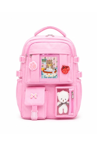 Quovo Kawaii Bag Club Kore Tarzı Full Aksesuarlı Ortopedik Günlük Yeni Okul Sırt Çantası Pembe