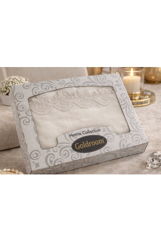 Goldroom Home Fransız Dantelli Linen Kumaştan 160 220 Lüks Masa Örtüsü Krem