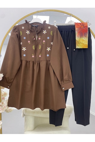 Lovie Moda Kadın Çiçek İşlemeli Takım - Kahverengi Beyaz