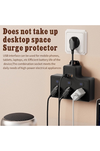Termal Akım Korumalı 3'lü Duvar Tipi Priz: 1x Usb + 2x Type-c Çıkışlı Grup Priz Çoğaltıcı 3500w 2 M