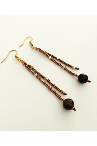 K213 Kaplan Gözü Doğal Taşlı Küpe Kahverengi&altın Sarısı Kahverengi - Altın