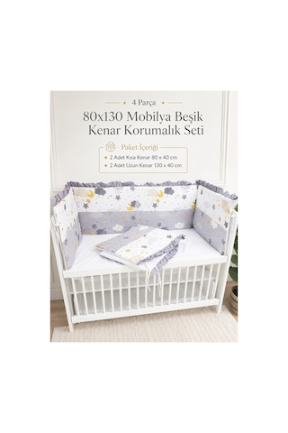 80x130 Mobilya Beşik Korumalık Seti - 4 Parça Rüya Serisi Gri Fırfırlı