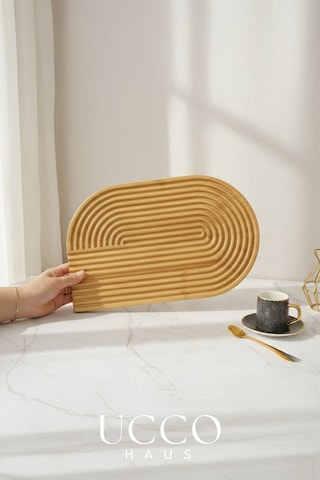 Doğal Bambu Sunumluk - 33x20x1,3cm Kahve, Tatlı, Peynir Oval Oluklu Servis Tabağı Tepsi Krem