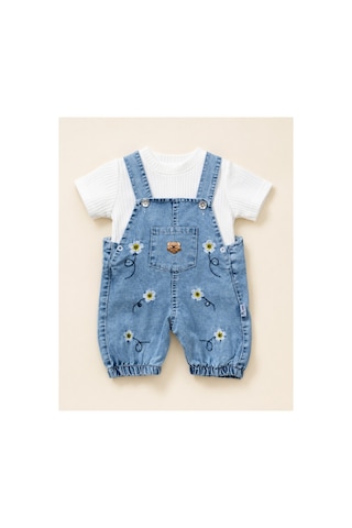 The Two Kız Bebek Papatya Nakışlı Denim Salopet Ve Pamuklu Tişört 2'li Takım 9-18 Ay Çok Renkli