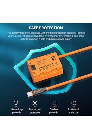 Gajeena Zgcıne Np-fz100 Type-c Taklit Pil, 8v 2a Regüle Çıkış, Sony A7/a9/a1/fx3/a6600 Ve Diğer Modeller İçin 60cm Kablolu Simülasyon Bataryası