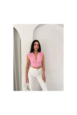 Butik İstanbul Vatkalı Kolsuz V Yaka Drapeli Crop Bluz Likralı Fit - Pembe