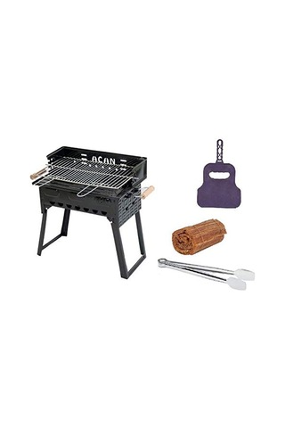 Katlanır Ayaklı Emaye Mangal Çift Izgaralı Barbekü Pervazlı Gril Maşa Çıra Yelpaze Hediyeli Set