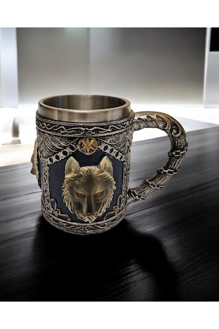Mitolojik 3 Boyutlu Kurt Desenli Çelik Kupa Çok Renkli