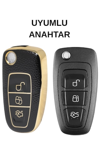 Ford Courier Focus Fiesta C-max Mondeo Custom Galaxy 3 Buton Nano Deri Anahtar Kılıfı Siyah-gold