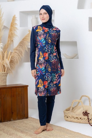 Rozamay 263303 Seneca Jileli Lycra Uzun Kollu Lacivert Dijital Desen Tesettür Mayo