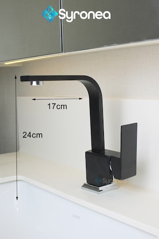 Siyah Kuğu Kare Banyo Lavabo Bataryası Sıcak Ve Soğuk Su Girişli Aç Kapa Musluk Siyah