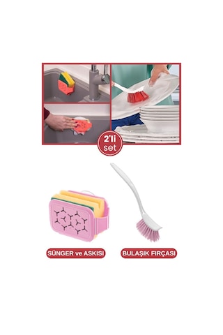 Bulaşık Yıkama 2 Li Set, Vantuzlu Bulaşık Süngeri Askısı Tutacağı Sıkacağı + Bulaşık Fırçası Seti