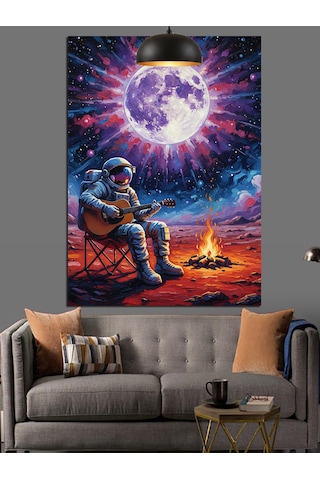 Ay Işığı Manzarasında Uzayda Gitar Çalan Astronot Dekoratif Kanvas - Mdf Ahşap Tablo