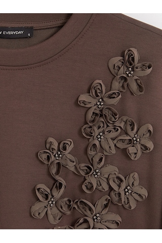 Lcw Everyday Kahverengi Soft Touch Çiçek Aplikeli Kadın Sweatshirt Tunik