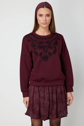 On Fashion Kadın Yakası İşlemeli Bordo Sweatshirt 66357 Bordo