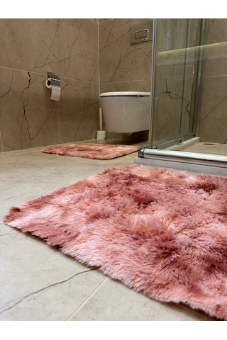 Batik Tavşan Somon Kaymaz Tabanlı 2'li Banyo Halısı Seti