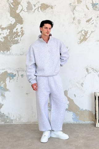 Gri Melanj Cozy Basic Yarım Fermuar Oversize Sweatshirt Gri Melanj