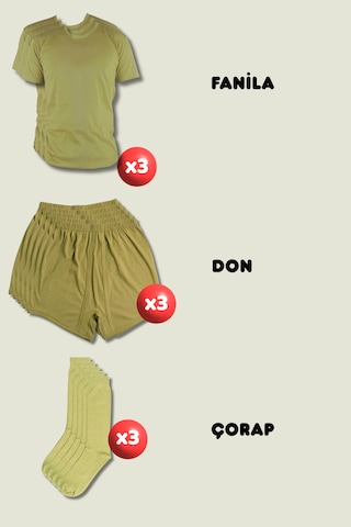Outdoorun 3'lü Askerlik Seti Fanila Don Çorap - Temel Ve Bedelli Askerlik Malzemeleri Haki