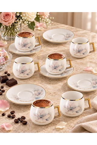 Valkyrie Magnolia Serisi 12 Parça 6 Kişilik 100 Ml Gold Çiçek Desenli Türk Kahvesi Fincan Takımı Beyaz Altın