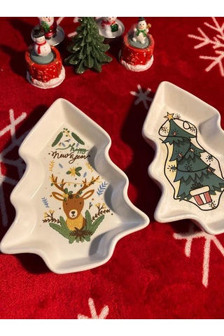 Yılbaşı Temalı 2'li Ağaç Tasarımlı Desenli Seramik Sunum Servis Tabağı 17x12 Cm Geyikli Ve Çam Ağaçlı