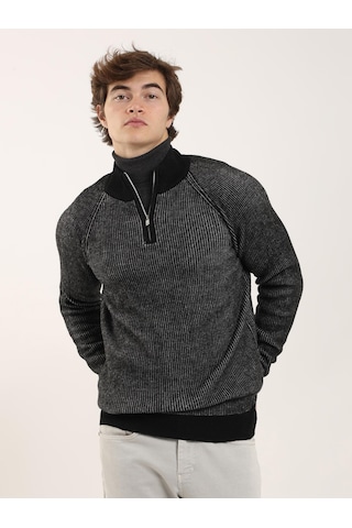 Dufy Siyah Erkek Regular Fit Fermuarlı Dik Yaka Triko - 91167 Siyah