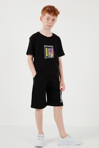 Lela Pamuklu Regular Fit Bisiklet Yaka Şortlu Alt-Üst Erkek Çocuk Takım 6212011 Siyah