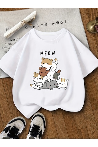 Uyguntarz Çocuk Meow Baskılı Pamuklu Tshirt Beyaz