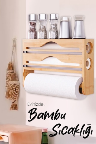 Bambu Streç Film Folyo Kesici - Fonksiyonel 2 Bölme Streç Folyo Kesme Kutusu Ve Kağıt Havlu Askılığı