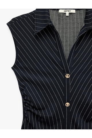 Koton Slim Fit Kolsuz Midi Boy Süslü Düğmeli Kolsuz Çizgili Gömlek Elbise Lacivert Çizgili 7wak80032ek