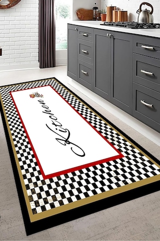 Dijital Baskılı Renkli Kitchen Desenli Dekoratif Yıkanabilir Kaymaz Taban Mutfak Halısı Çok Renkli