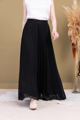 Lodmela Beli Lastikli Pliseli Şifon Pantolon 6030-siyah Siyah