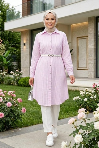 Hb Harma Time Butik Kadın Çizgi Desenli Kemerli Keten Pembe Gömlek