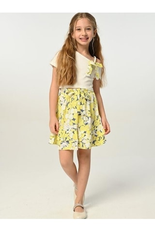 Zekids Kız Çocuk Çiçek Desenli Tek Omuz Etekli Takım-13918 Ekru
