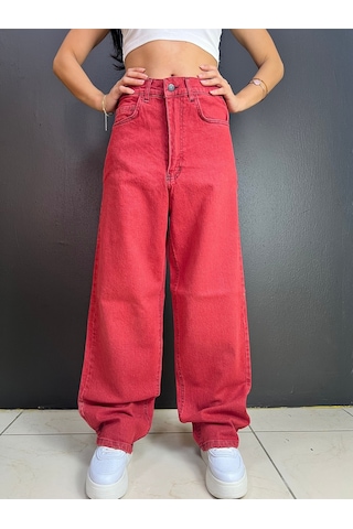 St.poll Vintage Eskitme Yıkama Unisex Baggy Jean Pantolon Vintage Kırmızı