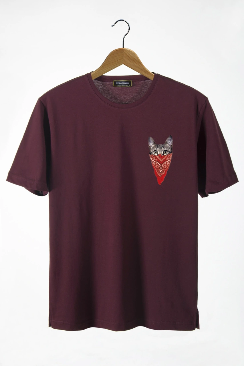 Veaven Unisex Bordo Önü Maskeli Kedi Baskılı Bisiklet Yaka Oversize Kalıp Basic Pamuklu T-shirt Bordo