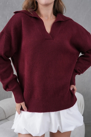 Park Karon Kadın Bordo Polo Yaka Oversize Yarım Pat Yumuşak Dokulu Triko Kazak 8585sw Bordo