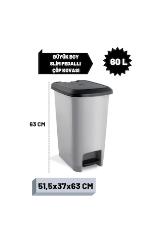 Melkan Home Slim Pedallı Çöp Kovası 60 Litre & Büyük Boy Pedallı Çöp Kovası Gri Metalik Gri Genel