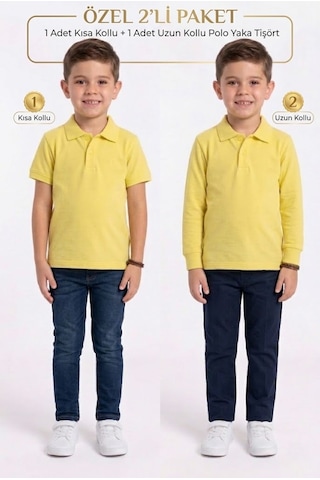 Nacar Store Unisex Çocuk Uzun Ve Kısa Kollu Polo Yaka Okul Tişörtü 2'li Set Acık Sarı