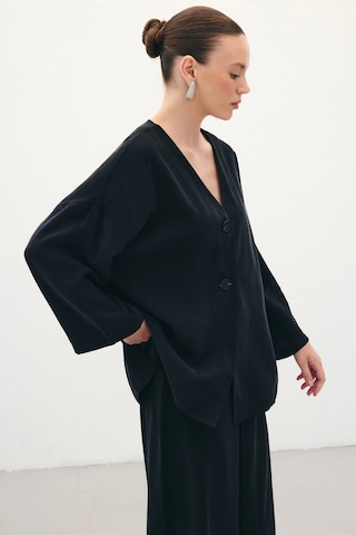 Sateen Düğmeli Kimono - Siyah Siyah
