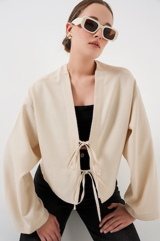 Bigdart Önü Bağlamalı Keten Kimono 960 - Krem